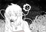 2021 ambiguous_gender anthro asriel_dreemurr big_ears biped black_and_white black_background bodily_fluids boss_monster_(undertale) clothing dialogue dialogue_box digital_media_(artwork) distressed duo elemental_creature english_text fangs flora_fauna flower flower_creature flowey_the_flower hair hand_on_head head_tuft heart_locket hi_res holding_head jewelry monochrome nails necklace open_mouth pattern_clothing plant sharp_nails simple_background smile spider_lily striped_clothing stripes sweat sweatdrop teeth text thorns tuft undertale undertale_(series) unyunloveflowey