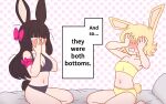  2girls absurdres and_so_they_were_both_bottoms_(meme) animal_ears black_bra black_hair black_panties blonde_hair blunt_bangs blush bow bra breasts cleavage commentary dancer_rabbit dated_commentary double_facepalm embarrassed english_text facepalm full_body hair_bow heavyblade_rabbit highres long_hair medium_bangs medium_breasts meme mira_peppy multiple_girls nose_blush on_bed open_mouth panties pink_bow polka_dot polka_dot_background rabbit_and_steel rabbit_ears rabbit_girl rabbit_tail short_hair small_breasts tail underwear underwear_only yellow_bra yellow_panties yuri 