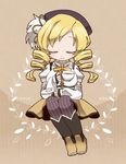  bebe_0620 beret blonde_hair boots breasts closed_eyes corset cup drill_hair fingerless_gloves gloves hair_ornament hat large_breasts magical_girl mahou_shoujo_madoka_magica pleated_skirt skirt smile solo striped striped_legwear teacup thighhighs tomoe_mami 
