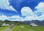  absurdres blue_sky building clodsire cloud day english_commentary fence grass highres mountain mountainous_horizon no_humans outdoors pikat pokemon pokemon_(creature) rock scenery signature sky solo 