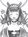  1girl :d ^_^ absurdres blunt_bangs choker closed_eyes diamond_hairband dot_nose dress facing_viewer fang flat_chest fur-trimmed_choker fur_trim gloves greyscale half_gloves hands_up highres hololive hololive_english light_blush long_hair mole mole_under_eye monochrome nanashi_(nlo) ninomae_ina&#039;nis ninomae_ina&#039;nis_(1st_costume) open_mouth pointy_ears simple_background sketch skin_fang smile solo strapless strapless_dress takodachi_(ninomae_ina&#039;nis) upper_body virtual_youtuber wah 
