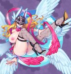  1girl absurdres angel angewomon animal_ears ass black_footwear blonde_hair bow bowtie breasts covered_eyes digimon digimon_(creature) feathered_wings fishnet_thighhighs fishnets flying full_body grin helmet helmet_over_eyes high_heels highres huge_breasts long_hair multiple_wings nipples pink_bow pink_bowtie pink_nails pussy rabbit_ears smile supersatanson thick_thighs thighhighs thighs uncensored winged_helmet wings wrist_wings 