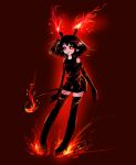 absurd_res black_clothing brown_background clothing elemental_creature female fire fire_creature fire_zebra flaming_foot flaming_horn flaming_tail futaba_channel giraffe giraffid hi_res humanoid humanoid_pointy_ears img_(futaba) mammal open_mouth red_eyes seirei simple_background solo tail