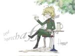  1girl black_footwear blonde_hair boots chair character_name closed_eyes cup highres holding holding_cup hosogoe_yuuji medal messy_hair military_uniform pitcher_(container) signature sitting solo steam table tanya_degurechaff tree uniform youjo_senki 
