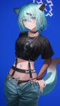  1girl alternate_costume animal_ears black_choker black_shirt blue_archive blue_background blue_pants blush choker closed_mouth cowboy_shot denim flippy_(cripine111) green_hair hair_between_eyes halo highres looking_at_viewer medium_hair navel pants purple_eyes purple_halo shigure_(blue_archive) shirt short_sleeves simple_background solo tail weasel_ears weasel_tail 