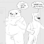 1:1 anthro anukkyt balls canid canine canis dogs_in_space domestic_dog duo ed_(dogs_in_space) genitals hi_res humanoid_genitalia humanoid_penis loaf_(dogs_in_space) locker_room male male/male mammal monochrome nude overweight penis penis_size_difference