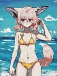  1girl :i ahoge animal_ear_fluff animal_ears arknights arm_at_side arm_up ass_visible_through_thighs bare_shoulders beach bikini blue_eyes blue_sky blush cloud collarbone cowboy_shot day flat_chest fox_ears fox_girl fox_tail front-tie_bikini_top front-tie_top gold_bikini grey_hair groin hair_between_eyes halterneck headphones headphones_for_animal_ears highres holding holding_headphones horizon looking_at_viewer material_growth meme_attire midriff navel ocean oripathy_lesion_(arknights) outdoors short_hair short_twintails skindentation sky solo standing sussurro_(arknights) swimsuit tail thigh_gap twintails violetstone 