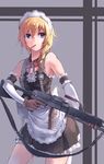  blonde_hair blue_eyes braid elbow_gloves fangdan_runiu food gloves gun machine_gun maid maid_headdress mouth_hold original pocky short_hair single_braid solo trigger_discipline type_88_lmg weapon 