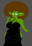 absurd_res big_butt black_clothing black_dress brown_hair butt clothing cookinpizzaart curvy_figure dress female goblin green_body green_skin hair hi_res humanoid meme meme_clothing short_stack slightly_chubby solo thick_thighs voluptuous voluptuous_female wide_hips