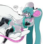 alternate_species ambiguous_gender anthro big_ears blue_eyes blue_hair cibastion clothing disembodied_hand duo extreme_size_difference female fur furrification grey_body grey_fur hair hatsune_miku hi_res holding_partner human legwear lightningwolt long_hair mammal micro murid murine panties pigtails pink_nose rat ratsune_squeaku rodent simple_background size_difference skindentation thigh_highs underwear vocaloid whiskers