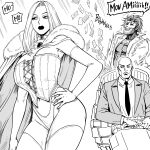  1girl 2boys absurdres bald bb_(baalbuddy) black_sclera breasts cape card charles_xavier choker collared_shirt colored_sclera coomer_(meme) corset elbow_gloves emma_frost english_commentary english_text fur-trimmed_cape fur_trim gambit gloves greyscale hand_on_own_hip highres implied_orgasm jacket large_breasts lips long_hair marvel meme monochrome multiple_boys necktie playing_card revealing_clothes sexually_suggestive shirt simple_background speech_bubble suit suit_jacket thighhighs variant_set white_background x-men 