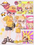  +_+ 2girls ^^^ absurdres black_shorts blonde_hair commentary cross-laced_footwear egg_(food) egg_yolk english_text eyebrow_cut food grey_background grey_eyes high_ponytail highres holding holding_plate inkling inkling_girl inkling_player_character multiple_girls namazuoku octoling octoling_girl octoling_player_character orange_eyes plate print_shirt red_hair sandals shirt shoes short_eyebrows short_ponytail short_twintails shorts shrimp shrimp_tempura speech_bubble splatoon_(series) splatoon_3 sports_sandals sweat symbol-only_commentary tempura tes thick_eyebrows twintails yellow_footwear yellow_shirt 