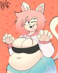 2024 5_fingers anthro bandeau belly belly_overhang big_breasts black_bandeau black_clothing black_outline black_topwear bottomwear breasts capri_(doxxyl) cleavage clothed clothing cropped_hoodie cute_fangs daisykitty deep_navel digital_media_(artwork) dolphin_shorts domestic_cat eye_through_hair eyebrow_through_hair eyebrows eyelashes fangs felid feline felis female fingers fur hair half-length_portrait happy hoodie humanoid_hands inner_ear_fluff looking_at_viewer mammal navel open_mouth open_smile outline pattern_background pink_background pink_hair pink_nose pink_tongue portrait prosthetic prosthetic_leg prosthetic_limb red_eyes shorts signature simple_background slightly_chubby smile snout solo standing tail tan_body tan_fur teal_bottomwear teal_clothing teal_shorts teeth thick_thighs three-quarter_view tongue topwear translucent translucent_hair tuft white_clothing white_hoodie white_topwear wide_hips