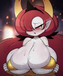 2024 big_breasts blush bodily_fluids breasts clothing disney eyelashes female fingers hair hair_over_eye hekapoo hi_res horn horned_humanoid huge_breasts humanoid humanoid_pointy_ears long_hair not_furry one_eye_obstructed red_eyes red_hair rolrae solo star_vs._the_forces_of_evil sweat sweaty_breasts yellow_sclera