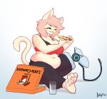 2024 4_toes anthro barefoot belly belly_overhang big_breasts black_bra black_clothing black_leggings black_legwear black_outline black_underwear bra breasts capri_(doxxyl) cleavage clothed clothing container cup dated deep_navel digital_media_(artwork) domestic_cat doxxyl eating eating_food english_text eyebrows eyelashes fangs feet felid feline felis female food fully_clothed fur glass glass_container glass_cup gradient_background hair hi_res holding_food holding_object holding_pizza humanoid_hands inner_ear_fluff leggings legwear little_caesars mammal mouth_closed narrowed_eyes navel outline pink_hair pink_nose pizza pizza_box prosthetic prosthetic_leg prosthetic_limb raised_tail red_eyes red_tube_top shaded shadow signature simple_background sitting slightly_chubby snout soft_shading solo tail tan_body tan_fur teeth text three-quarter_view toes tuft underwear white_background