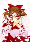  ascot blush bow breasts hair_bow hair_tubes hakurei_reimu large_breasts long_hair looking_at_viewer niwaka_yuan red_eyes solo touhou 