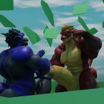1:1 anthro balls big_balls big_butt big_penis black_penis blue_body butt dergdrister dragon drister_(dergdrister) duo flexing flexing_bicep flexing_both_biceps genitals huge_balls huge_penis hyper hyper_balls hyper_genitalia hyper_penis looking_at_another male male/male musclegut muscular mythological_creature mythological_scalie mythology penis red_body scalie size_difference sky slightly_chubby smile touching_tips tyler_(dergdrister) yellow_penis
