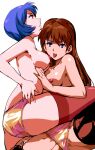  alternate_breast_size ass ayanami_rei breasts brown_eyes flat_ass garter_straps gold_panties kamisimo_90 large_breasts latex long_hair looking_at_viewer neon_genesis_evangelion nipples profile purple_eyes shiny_skin short_hair souryuu_asuka_langley thigh_straddling thighhighs tongue tongue_out white_background yuri 
