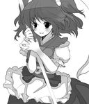  blush greyscale monochrome niwaka_yuan onozuka_komachi scythe simple_background smile solo touhou white_background 