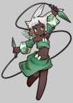  1girl animal_ears arm_up armpits barefoot bow closed_mouth commentary_request dancer_rabbit dark-skinned_female dark_skin detached_sleeves dual_wielding flat_chest floral_print full_body green_bow green_skirt green_sleeves green_tube_top grey_background highres holding kunai looking_at_viewer medium_bangs midriff navel print_sleeves rabbit_and_steel rabbit_ears rabbit_girl ribbon-trimmed_skirt ribbon-trimmed_tube_top ribbon_trim rope rose_print short_hair simple_background skirt smile solo strapless suzaki-san tube_top weapon 