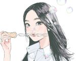  1girl animification black_eyes black_hair blowing_bubbles bubble bubble_gum_(newjeans) collared_shirt holding hyein_(newjeans) k-pop long_hair looking_at_viewer newjeans polo_tokki portrait real_life shirt solo white_background white_shirt 