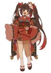  1girl bell brown_hair commentary flower flower_in_mouth fox_mask full_body gradient_hair head_tilt honkai:_star_rail honkai_(series) iwashi_(iwashi008) japanese_clothes kimono long_hair long_sleeves looking_at_viewer mask mask_on_head multicolored_hair neck_bell obi okobo red_eyes red_flower red_hair red_kimono sandals sash simple_background socks solo sparkle_(honkai:_star_rail) symbol-only_commentary twintails white_background white_socks wide_sleeves 