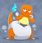 absurd_res alternate_version_at_source anthro big_diaper blue_eyes blue_fire blush charmander clean_diaper clothed clothing coal_the_charmander colored_fire diaper diaper_only diaper_puff fighting_pose fingerless_gloves fire fist flaming_tail generation_1_pokemon gloves handwear hi_res looking_at_viewer male nintendo orange_body orange_scales pokemon pokemon_(species) pose scales solo tail tenerius topless