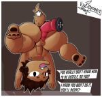 allkuray angry anthro balls big_butt black_eyes brown_body brown_fur brown_hair butt canid canine canis digital_media_(artwork) dildo domestic_dog english_text fur genitals hair half-erect held_by_tail hi_res knotted_dildo lifted_by_tail looking_at_viewer male mammal mouse_cursor nude open_mouth outline penis sex_toy simple_background solo speech_bubble tail tail_grab teeth text thick_thighs tongue upside_down voy_barranca_abajo