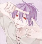  1boy chinese_commentary colored_eyelashes commentary_request grey_shirt hair_between_eyes lace-up_top male_focus open_mouth outline purple_background purple_hair saibou_shinkyoku shirt short_hair simple_background smile solo theodore_riddle white_outline yadeliya_hai 