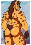 anthro big_butt biped butt daddytwinkle hairy hi_res hyena male male_anthro mammal markings mullet nude solo spots spotted_markings thick_thighs