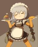  1girl :3 absurdres apron black_dress blush_stickers braid breasts brown_background burger closed_eyes closed_mouth collared_shirt cross_tie dress elbow_gloves facing_viewer feet_out_of_frame food gloves grey_background grey_hair hands_up highres holding holding_plate kizuna_akari konohoshi large_breasts legs_apart long_hair low_twin_braids maid_apron maid_headdress mini_flag omelet omurice orange_gloves orange_pantyhose pantyhose pinafore_dress plate puffy_short_sleeves puffy_sleeves ribbed_shirt shirt short_dress short_sleeves simple_background sleeveless sleeveless_dress smug solo standing twin_braids underbust vocaloid voiceroid white_apron white_shirt 