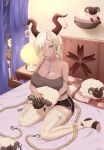  1girl absurdly_long_hair alternate_costume azur_lane bare_shoulders braid breasts brown_horns brown_shorts choker cleavage gixtsuki highres horn_ornament horns indoors large_breasts large_horns long_hair low_twin_braids manjuu_(azur_lane) mole mole_under_mouth on_bed pillow pink_choker sheep shorts smile solo thighhighs twin_braids very_long_hair white_thighhighs yellow_eyes zettai_ryouiki 