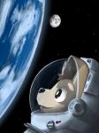 absurd_res ambiguous_gender astronaut astronaut_suit brown_body bruno_borker canid canine canis domestic_dog earth head_tuft hi_res mammal moon planet reflection solo space spacesuit star tuft whiskers