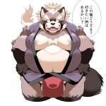 1:1 anthro asian_clothing balls belly brown_body brown_fur canid canine clothing east_asian_clothing facial_markings fundoshi fur genitals goemon_(tas) head_markings hi_res japanese_clothing japanese_text lifewonders male mammal markings mask_(marking) moobs nipples overweight overweight_anthro overweight_male raccoon_dog sigenoya simple_background solo takotyutyu tanuki text tokyo_afterschool_summoners underwear