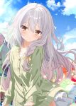  1girl aruka_(alka_p1) blue_sky blurry blush bokeh braid brown_eyes buttons cardigan closed_mouth cloud cloudy_sky commentary_request day depth_of_field falling_petals green_cardigan grey_hair hair_between_eyes hair_over_shoulder highres light_particles long_hair looking_at_viewer messy_hair original outdoors petals shirt sky smile solo very_long_hair white_shirt wind wind_lift yellow_eyes 