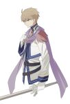  1boy ahoge blonde_hair brooch brown_eyes chester_stoddart from_side george_man gloves high_collar highres holding holding_sword holding_weapon jewelry scarf short_hair simple_background solo sword upper_body weapon white_background white_gloves ys ys_iii_wanderers_of_ys 