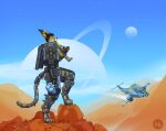 aircraft animal_ears anthro armor armored_tail blue_eyes cheetah felid feline gun headgear helmet hi_res holding_gun holding_object holding_ranged_weapon holding_weapon logo male mammal naty outside planet planetside ranged_weapon solo standing vehicle watermark weapon