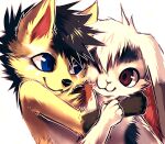 2011 :3 anthro black_hair black_nose blue_eyes bluemoon_(bluemoon) brown_eyes canid canine canis digital_drawing_(artwork) digital_media_(artwork) duo eye_contact falvie fluffy fur hair hug lagomorph leporid looking_at_another male mammal markings one_eye_closed outline rabbit shaded simple_background smile white_background white_body white_fur white_outline wolf yellow_body yellow_fur