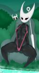 2020 areola arthropod belly black_areola black_arms black_body black_breasts black_eyes black_legs black_neck black_nipples black_skin blush bodily_fluids breasts digital_media_(artwork) duo eyebrows female grass hi_res highoncoffee hollow_knight hornet_(hollow_knight) in_heat nail_(weapon) nipples plant signature sitting sweat sweatdrop team_cherry the_knight_(hollow_knight) water weapon