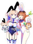  2girls alternate_costume animal_ears animal_hands blonde_hair blue_nails blue_necktie blue_sailor_collar bow breasts brown_hair carrot chibi cleavage closed_eyes commission detached_collar eto_(etonomemo1008) fake_animal_ears frilled_leotard frills furutaka_(kancolle) garter_straps gloves hair_bow hair_ornament hairclip heterochromia kantai_collection large_breasts leotard long_hair looking_at_viewer low_twintails maryland_(kancolle) multiple_girls multiple_views nail_polish necktie open_mouth paw_gloves playboy_bunny rabbit_ears red_necktie sailor_collar simple_background skeb_commission thighhighs twintails white_background white_leotard white_thighhighs wrist_cuffs 