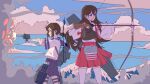  2girls absurdres akagi_(kancolle) blue_sailor_collar blue_skirt bow_(weapon) brown_eyes brown_hair closed_mouth cloud commentary_request cowboy_shot double-parted_bangs drawing_bow feet_out_of_frame firing flight_deck fubuki_(kancolle) hair_between_eyes hakama hakama_short_skirt hakama_skirt highres holding holding_bow_(weapon) holding_turret holding_weapon japanese_clothes kantai_collection long_hair looking_ahead low_ponytail medium_hair midriff_peek multiple_girls muneate muzzle_flash nontraditional_miko open_mouth outdoors outstretched_arm pleated_skirt quiver red_ribbon ribbon rigging sailor_collar sgm_miguel shirt short_sleeves sidelocks skirt smoke standing tasuki thigh_strap thighhighs torpedo_launcher turret waving weapon white_shirt white_thighhighs wide_sleeves zettai_ryouiki 