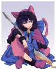  1boy animal_ears animal_hood bell black_eyes black_hair blue_ribbon closed_mouth cosplay highres hood hooded_jacket jacket kageyama_ritsu maa_ohg mob_psycho_100 ribbon shoes short_hair sitting solo spoon tail v-shaped_eyebrows 