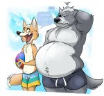 anthro belly big_belly canid canine canis clothing duo ellipsis english_text fox fox_mccloud hi_res male mammal nintendo obese overweight overweight_anthro overweight_male remmyfox speech_bubble star_fox swimwear text wolf wolf_o&#039;donnell