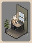 ambiguous_gender anthro beverage bruno_borker canid canine chair clothed clothing coffee coffee_mug container cup floor furniture hi_res looking_at_window mammal minimalism minimalist mug plant simple_background solo table tail tile tile_floor wall_(structure) window window_light