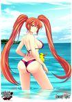  ass bikini highres long_hair original parted_lips red_eyes red_hair rubber_duck smile solo swimsuit thong_bikini twintails ugly_ink very_long_hair wading water watermark web_address 