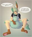 absurd_res alternate_version_at_source anthro anthrofied blush brown_eyes clean_diaper clothing dialogue diaper diaper_under_clothing eeveelution english_text generation_4_pokemon gloves_(marking) hand_on_diaper hi_res knee_tuft leafeon leg_markings leg_tuft looking_down male markings neck_tuft nintendo offscreen_character overalls pawpads pokemon pokemon_(species) pseudo_hair qoat shirt shortalls sitting socks_(marking) solo speech_bubble t-shirt talking_to_another text topwear touching_diaper tuft