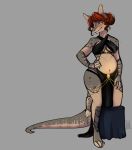 absurd_res anthro armadillo blush breasts brown_hair claws clothed clothing female hair hi_res hollow_hip_backless_chain_dress looking_at_viewer mammal meme meme_clothing navel one_leg_up pose raised_leg rosemary_lutece simple_background slightly_chubby smile solo songgoishtar tail xenarthran