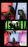 cel_shading chain chained claws clothed clothing collar comic hoodie human humanoid mammal mask pantsless partypooper_(the_backrooms) paws prison_bars puppetmaster13uwu shaded sitting solo speech_bubble tail tail_tuft text topwear tuft