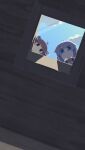  2girls ahoge blue_eyes blue_sky blunt_bangs blush_stickers brown_eyes brown_hair chibi closed_mouth cloud collared_shirt cross_tie day dutch_angle expressionless from_below from_inside grey_hair headgear highres hole_in_ceiling kizuna_akari konohoshi light_rays looking_at_viewer looking_down multiple_girls shirt sky sunbeam sunlight touhoku_kiritan vocaloid voiceroid white_shirt wide_shot 