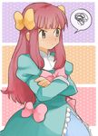  blue_dress blush bow crossdressing dress frills hair_bow hair_ornament juliet_sleeves long_hair long_sleeves male_focus mero_(iwao2) otoko_no_ko pink_bow pink_hair pokemon pokemon_(anime) pokemon_bw_(anime) polka_dot polka_dot_background puffy_sleeves satomi_(pokemon) satoshi_(pokemon) sidelocks solo speech_bubble spoken_squiggle squiggle tsundere wig yellow_bow 